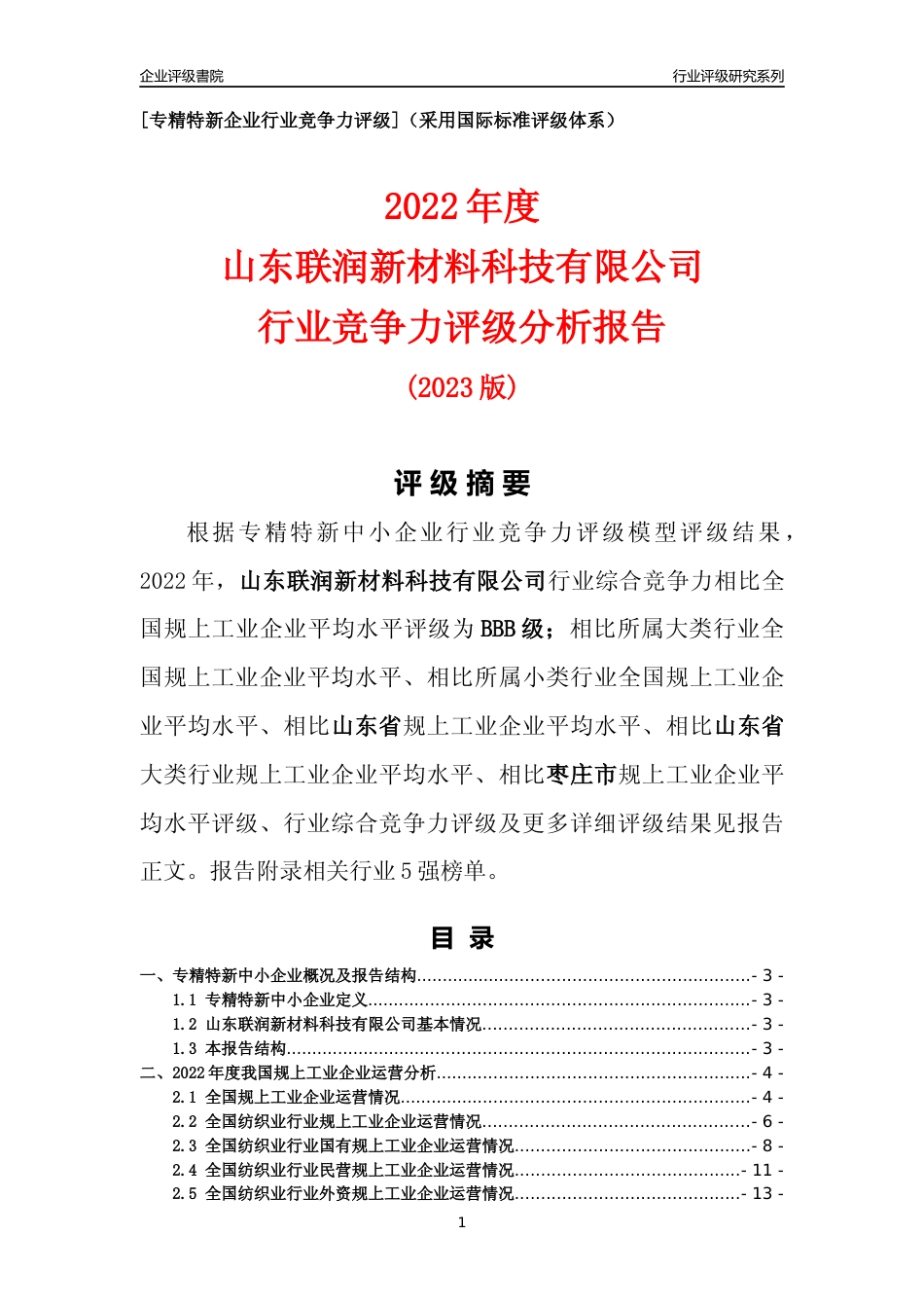 [专精特新]山东联润新材料科技有限公司行业竞争力评级分析报告(2023版).docx_第1页