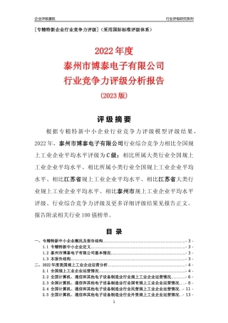 [专精特新]泰州市博泰电子有限公司行业竞争力评级分析报告(2023版).docx