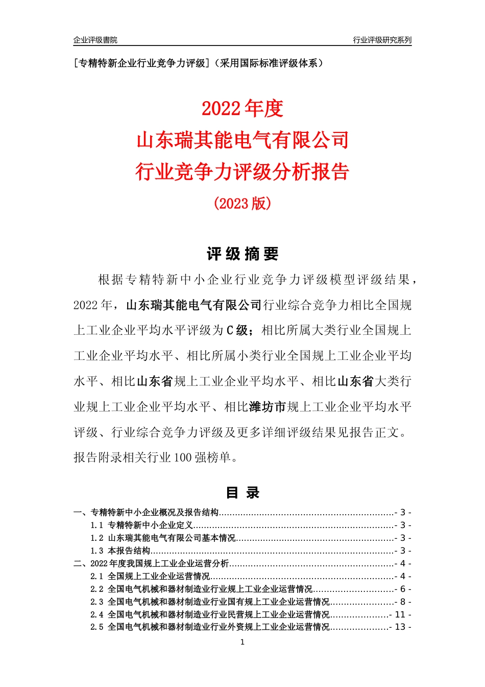 [专精特新]山东瑞其能电气有限公司行业竞争力评级分析报告(2023版).docx_第1页