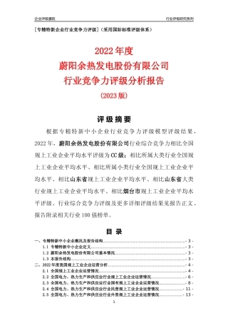 [专精特新]蔚阳余热发电股份有限公司行业竞争力评级分析报告(2023版).docx
