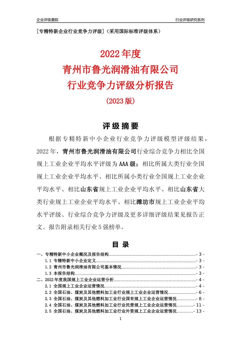 [专精特新]青州市鲁光润滑油有限公司行业竞争力评级分析报告(2023版).docx_第1页