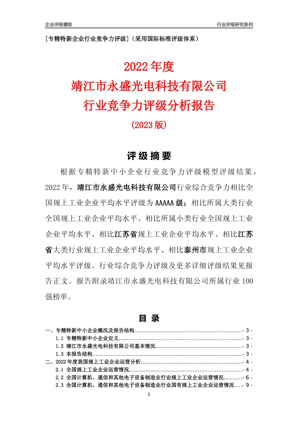 [专精特新]靖江市永盛光电科技有限公司行业竞争力评级分析报告(2023版).docx_第1页