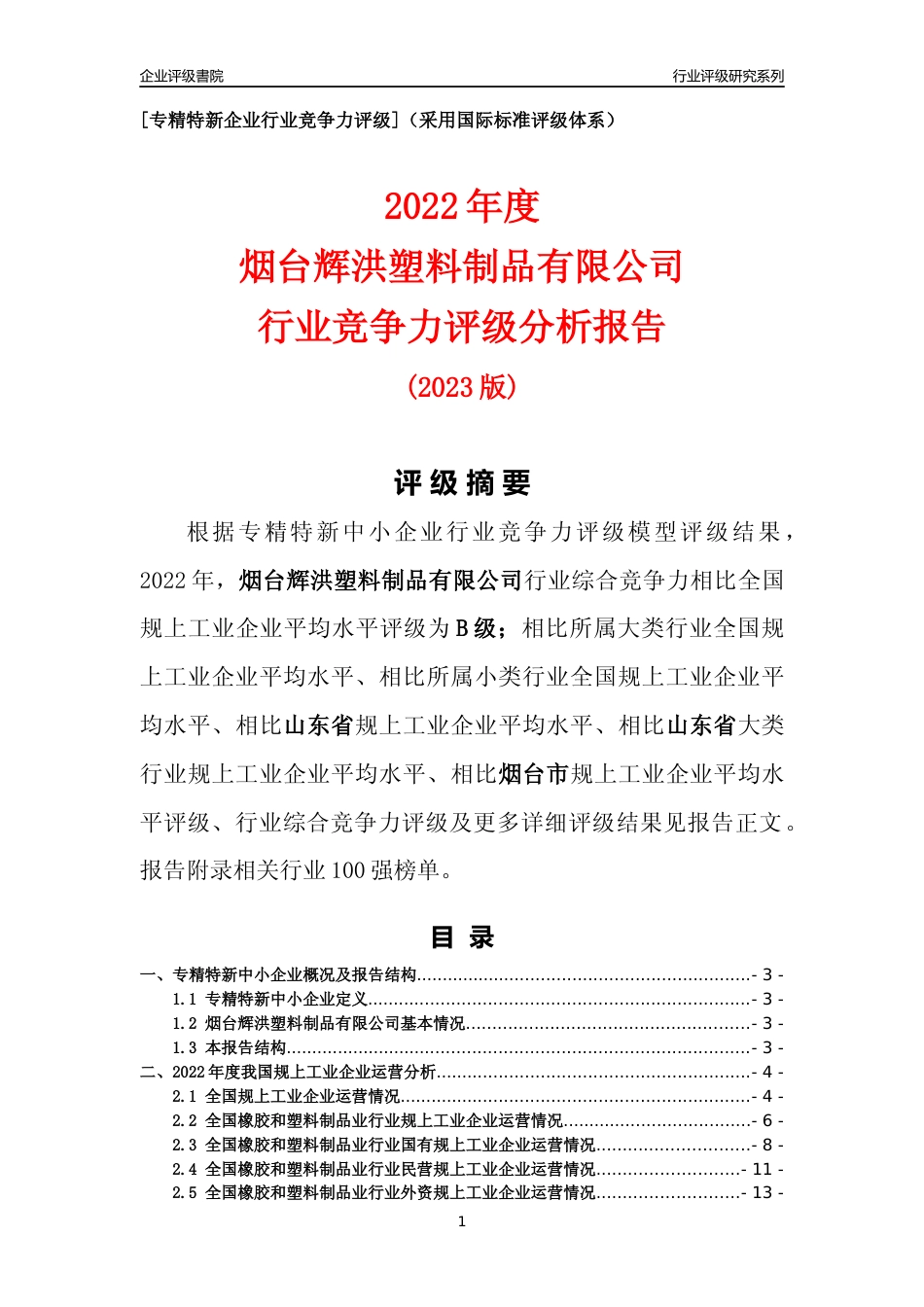 [专精特新]烟台辉洪塑料制品有限公司行业竞争力评级分析报告(2023版).docx_第1页