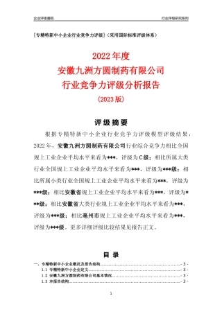 [专精特新]安徽九洲方圆制药有限公司行业竞争力评级分析报告(2023版).docx