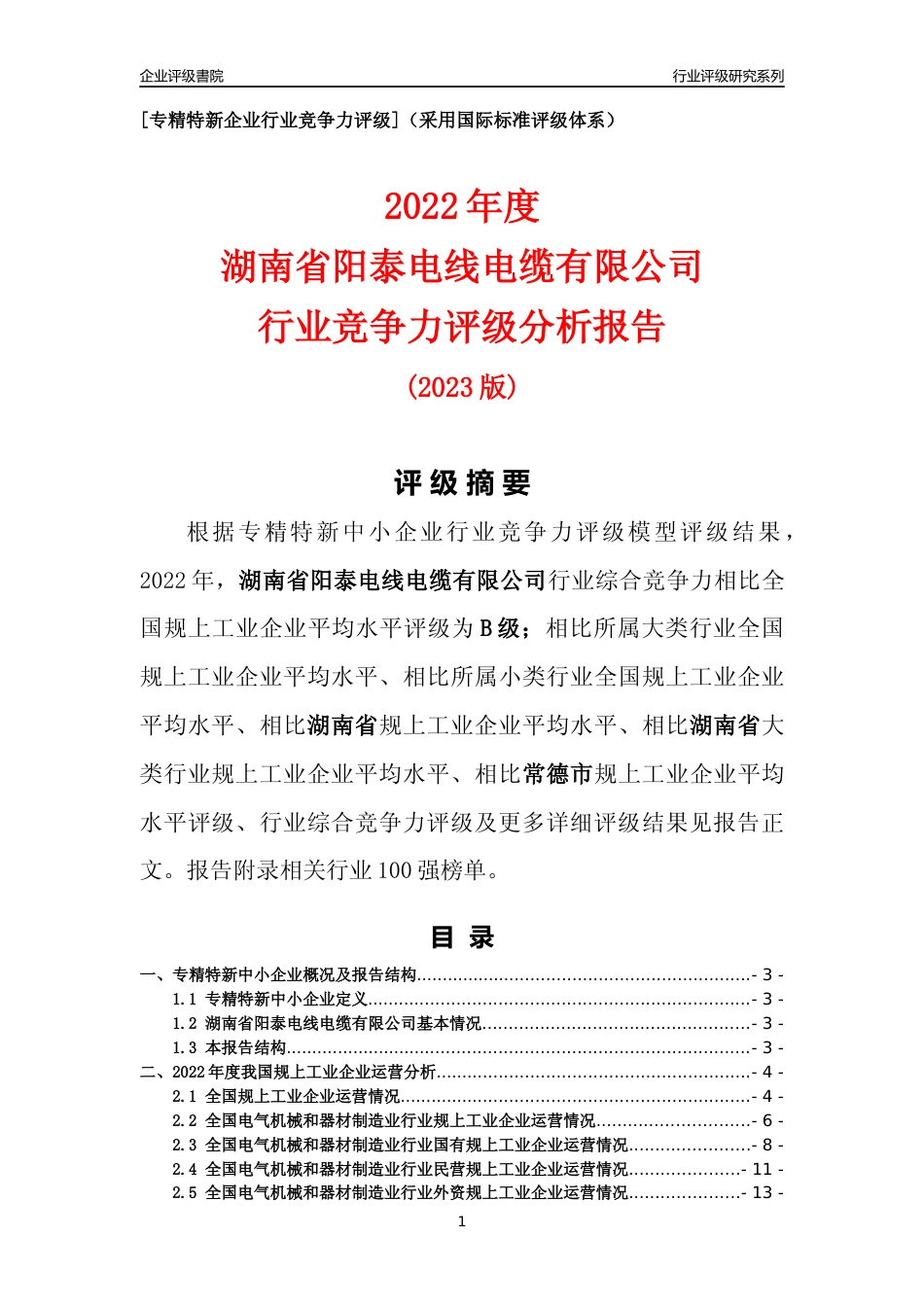 [专精特新]湖南省阳泰电线电缆有限公司行业竞争力评级分析报告(2023版)_第1页