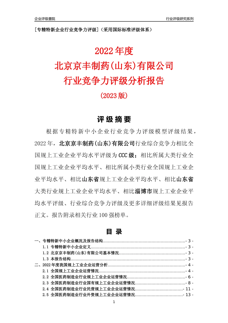 [专精特新]北京京丰制药(山东)有限公司行业竞争力评级分析报告(2023版)_第1页