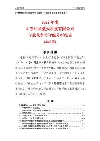 [专精特新]山东中科蓝天科技有限公司行业竞争力评级分析报告(2023版)