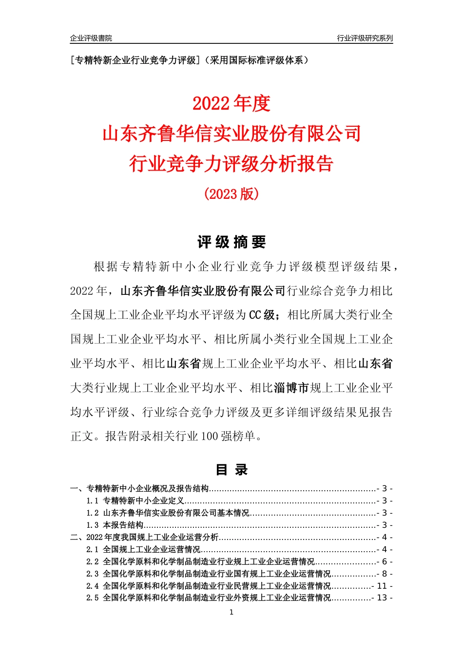 [专精特新]山东齐鲁华信实业股份有限公司行业竞争力评级分析报告(2023版)_第1页