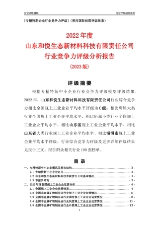 [专精特新]山东和悦生态新材料科技有限责任公司行业竞争力评级分析报告(2023版)