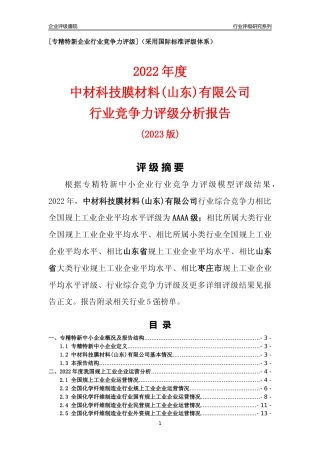 [专精特新]中材科技膜材料(山东)有限公司行业竞争力评级分析报告(2023版)