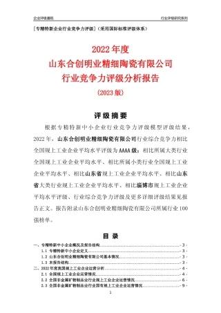 [专精特新]山东合创明业精细陶瓷有限公司行业竞争力评级分析报告(2023版)