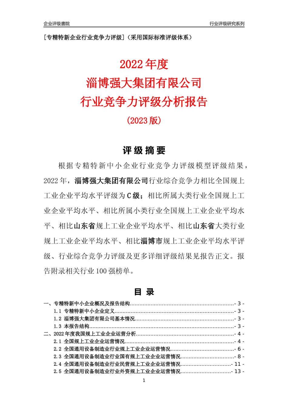 [专精特新]淄博强大集团有限公司行业竞争力评级分析报告(2023版)_第1页