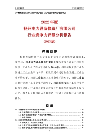 [专精特新]扬州电力设备修造厂有限公司行业竞争力评级分析报告(2023版)
