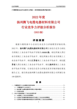 [专精特新]扬州腾飞电缆电器材料有限公司行业竞争力评级分析报告(2023版)