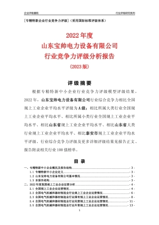 [专精特新]山东宝帅电力设备有限公司行业竞争力评级分析报告(2023版)