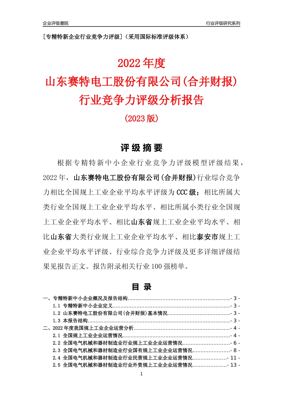 [专精特新]山东赛特电工股份有限公司(合并财报)行业竞争力评级分析报告(2023版)_第1页