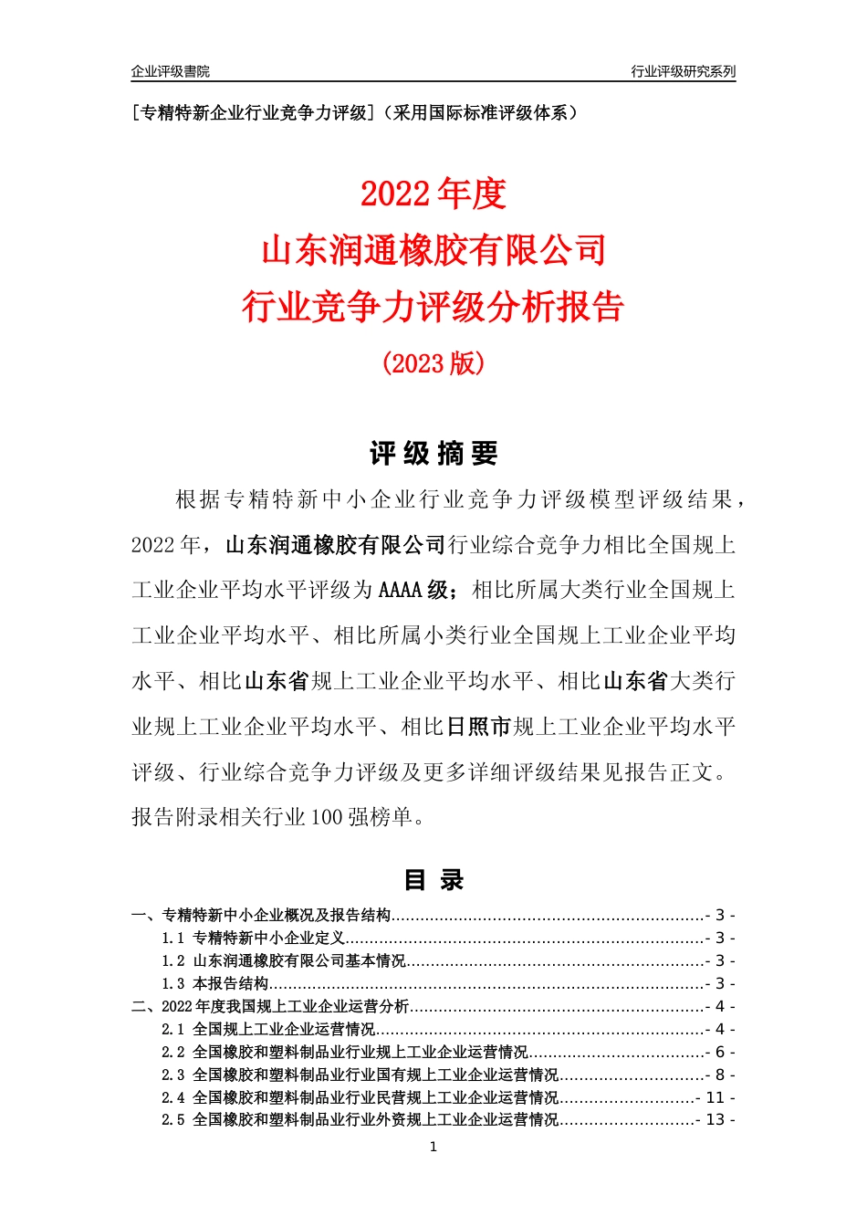 [专精特新]山东润通橡胶有限公司行业竞争力评级分析报告(2023版)_第1页