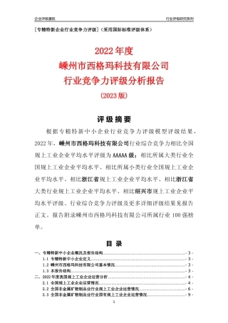 [专精特新]嵊州市西格玛科技有限公司行业竞争力评级分析报告(2023版)