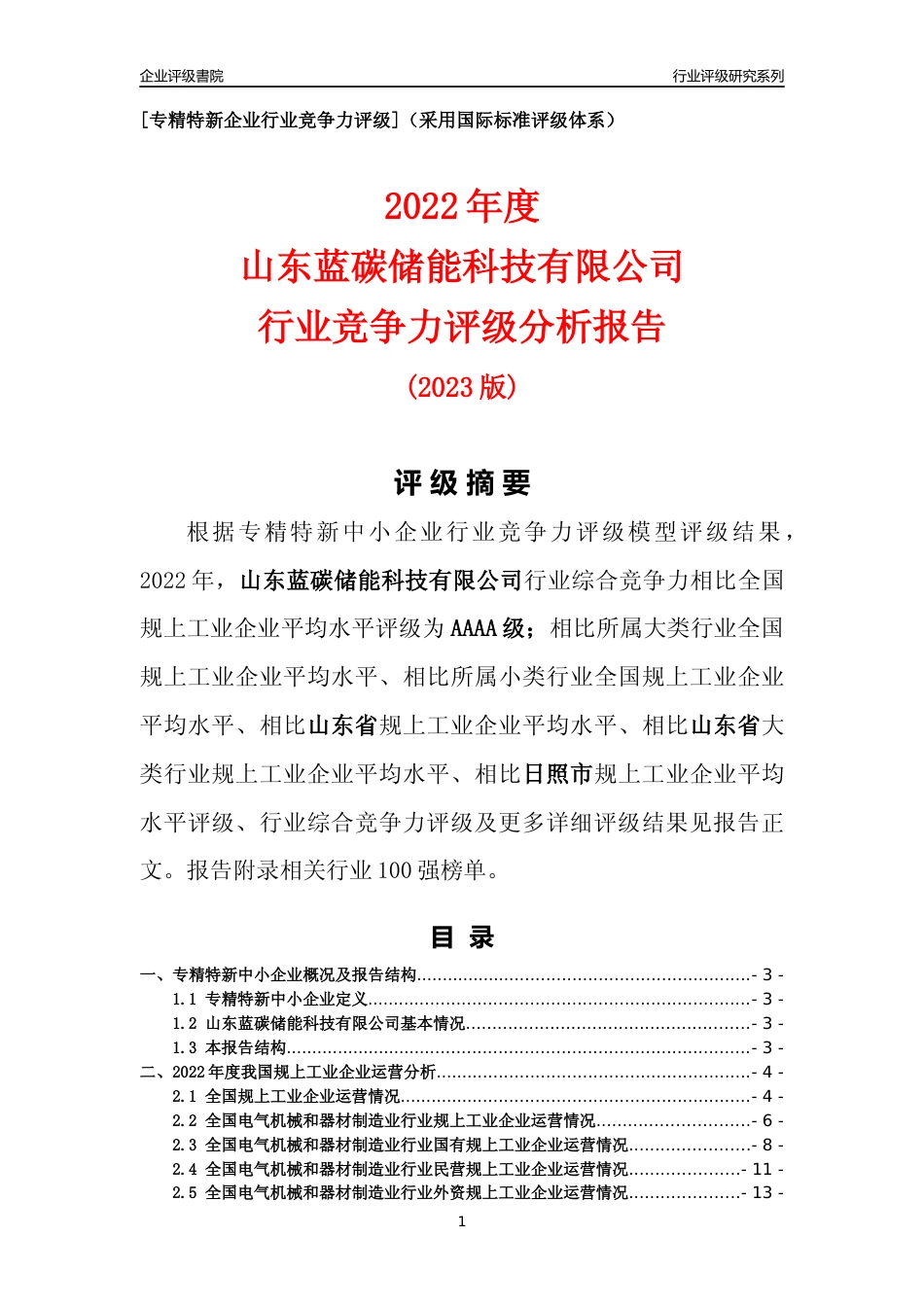 [专精特新]山东蓝碳储能科技有限公司行业竞争力评级分析报告(2023版)_第1页