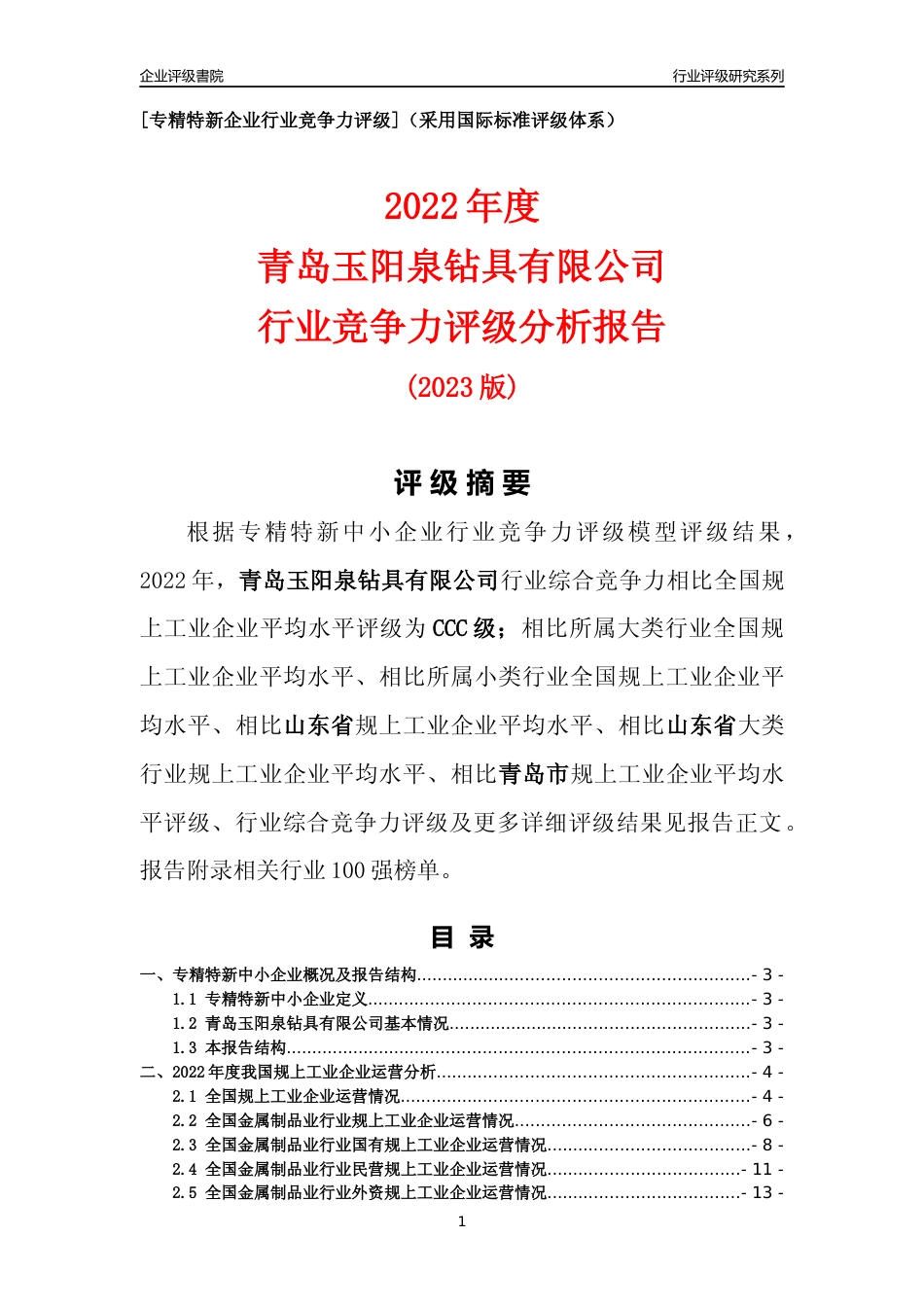 [专精特新]青岛玉阳泉钻具有限公司行业竞争力评级分析报告(2023版)_第1页