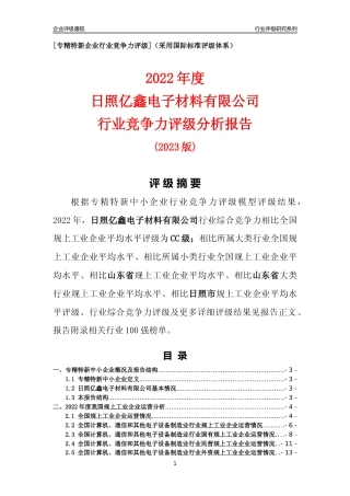 [专精特新]日照亿鑫电子材料有限公司行业竞争力评级分析报告(2023版)