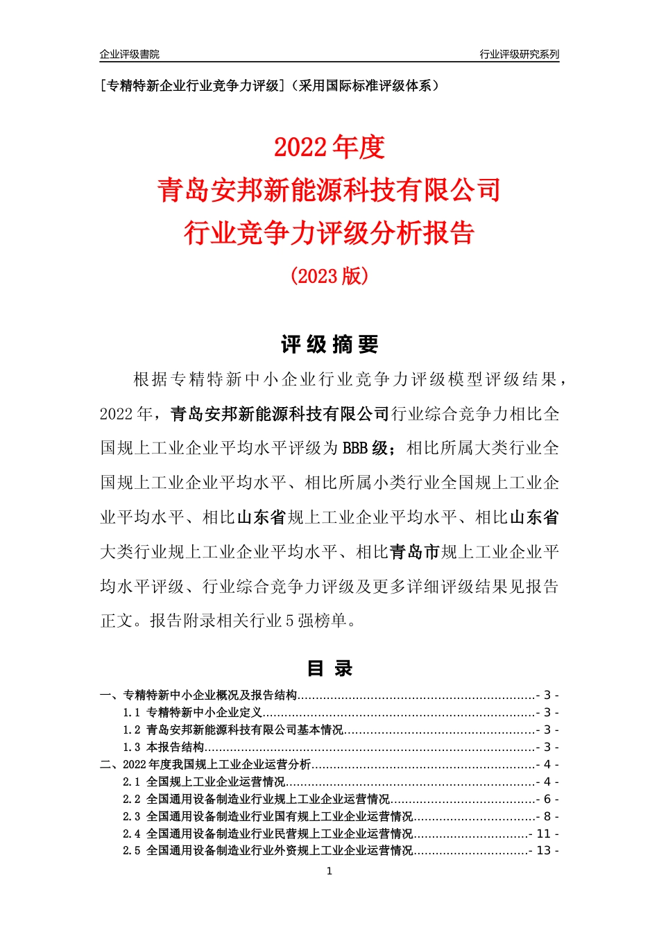 [专精特新]青岛安邦新能源科技有限公司行业竞争力评级分析报告(2023版)_第1页