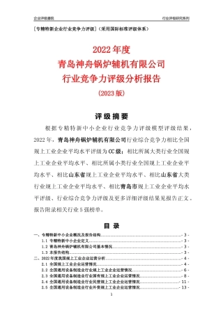 [专精特新]青岛神舟锅炉辅机有限公司行业竞争力评级分析报告(2023版)