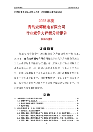 [专精特新]青岛宏辉磁电有限公司行业竞争力评级分析报告(2023版)