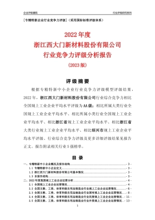 [专精特新]浙江西大门新材料股份有限公司行业竞争力评级分析报告(2023版)