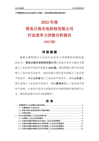 [专精特新]青岛日高光电科技有限公司行业竞争力评级分析报告(2023版)