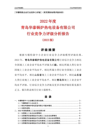 [专精特新]青岛华泰锅炉热电设备有限公司行业竞争力评级分析报告(2023版)