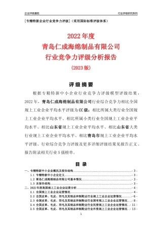 [专精特新]青岛仁成海绵制品有限公司行业竞争力评级分析报告(2023版)