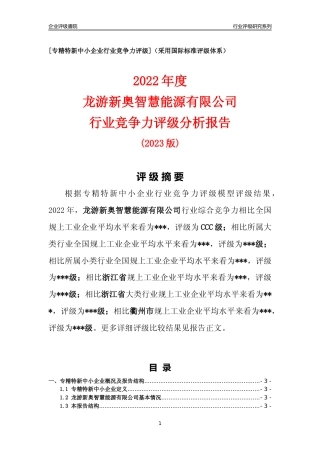 [专精特新]龙游新奥智慧能源有限公司行业竞争力评级分析报告(2023版)