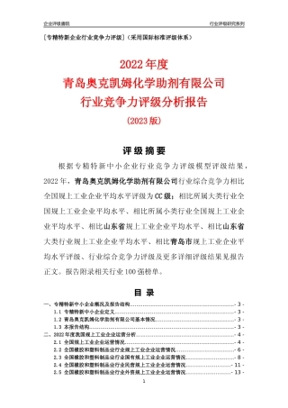 [专精特新]青岛奥克凯姆化学助剂有限公司行业竞争力评级分析报告(2023版)