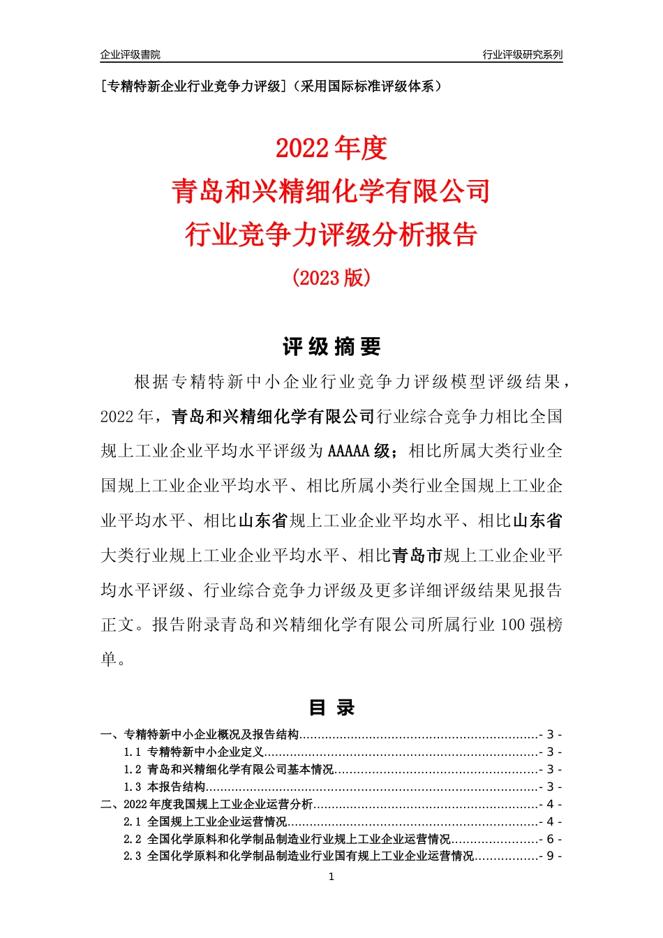 [专精特新]青岛和兴精细化学有限公司行业竞争力评级分析报告(2023版)_第1页