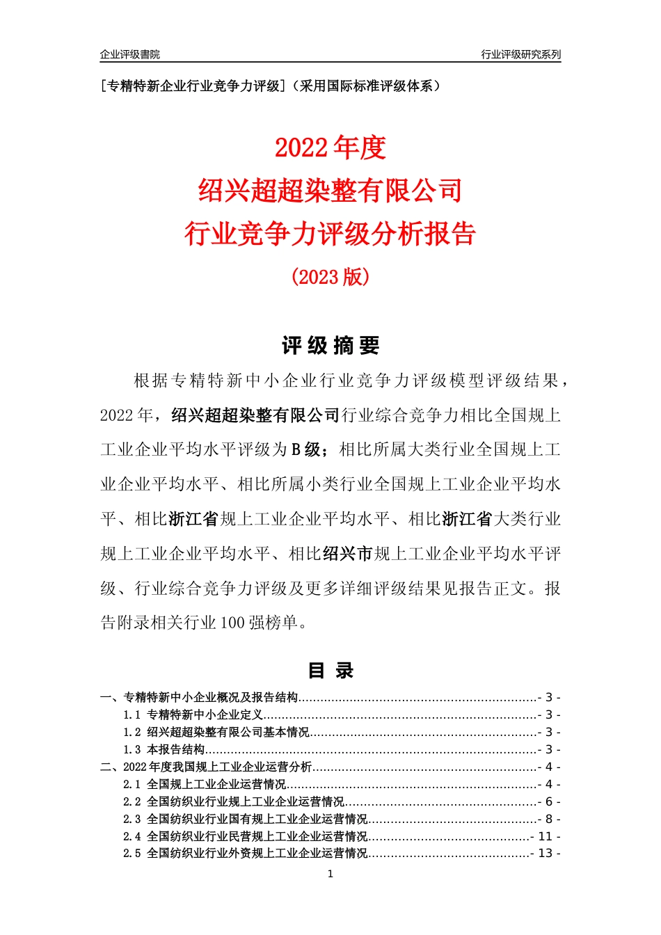 [专精特新]绍兴超超染整有限公司行业竞争力评级分析报告(2023版)_第1页