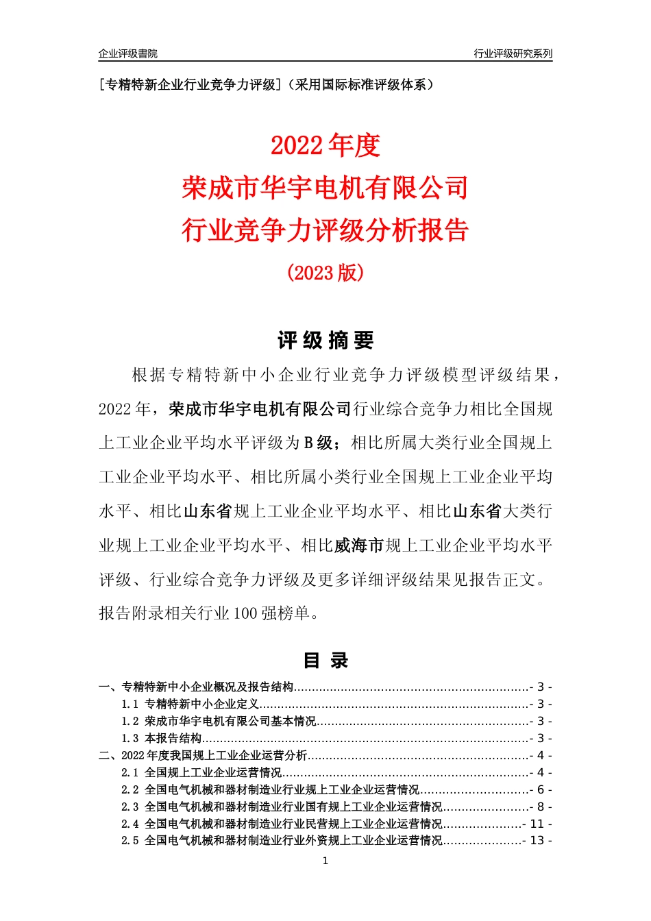 [专精特新]荣成市华宇电机有限公司行业竞争力评级分析报告(2023版)_第1页