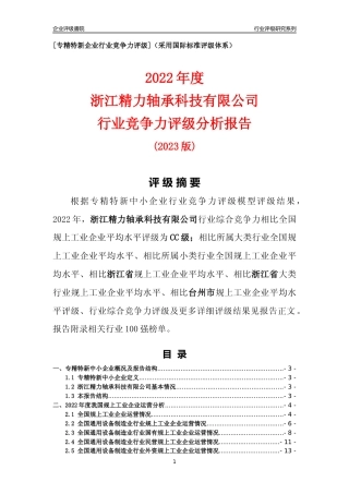 [专精特新]浙江精力轴承科技有限公司行业竞争力评级分析报告(2023版)