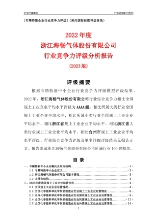 [专精特新]浙江海畅气体股份有限公司行业竞争力评级分析报告(2023版)