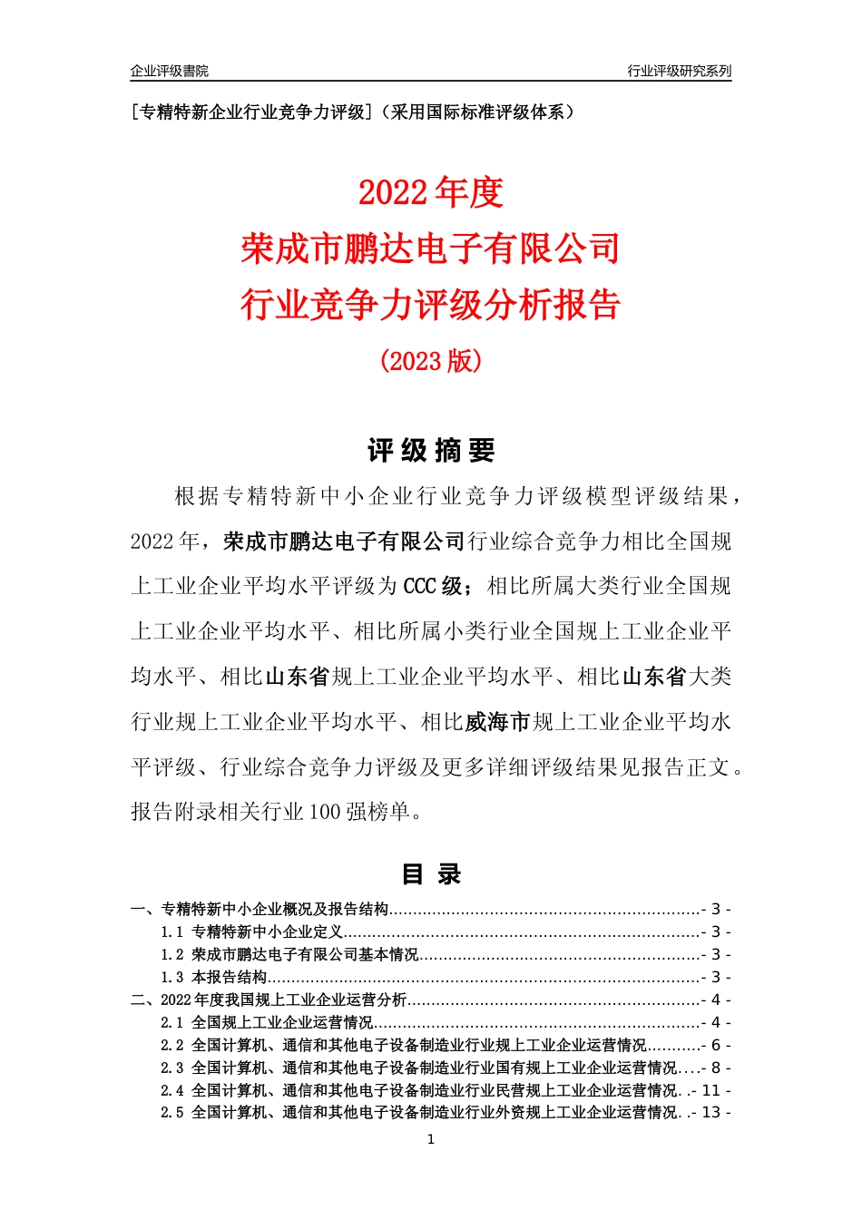 [专精特新]荣成市鹏达电子有限公司行业竞争力评级分析报告(2023版)_第1页