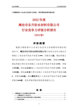 [专精特新]潍坊市东升防水材料有限公司行业竞争力评级分析报告(2023版)