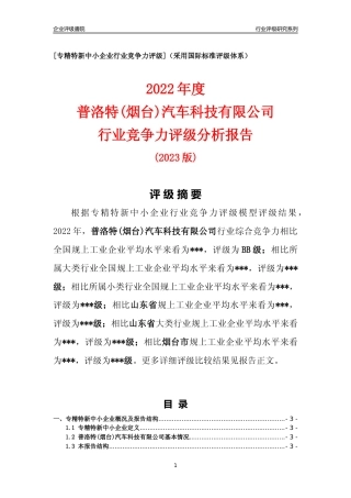 [专精特新]普洛特(烟台)汽车科技有限公司行业竞争力评级分析报告(2023版)