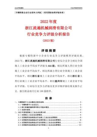 [专精特新]浙江流遍机械润滑有限公司行业竞争力评级分析报告(2023版)