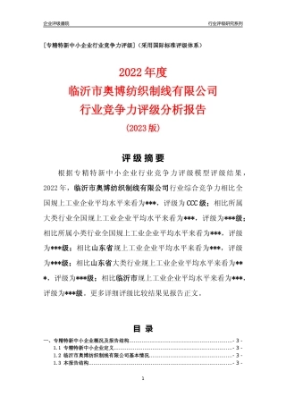 [专精特新]临沂市奥博纺织制线有限公司行业竞争力评级分析报告(2023版)