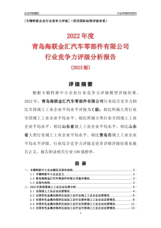 [专精特新]青岛海联金汇汽车零部件有限公司行业竞争力评级分析报告(2023版)