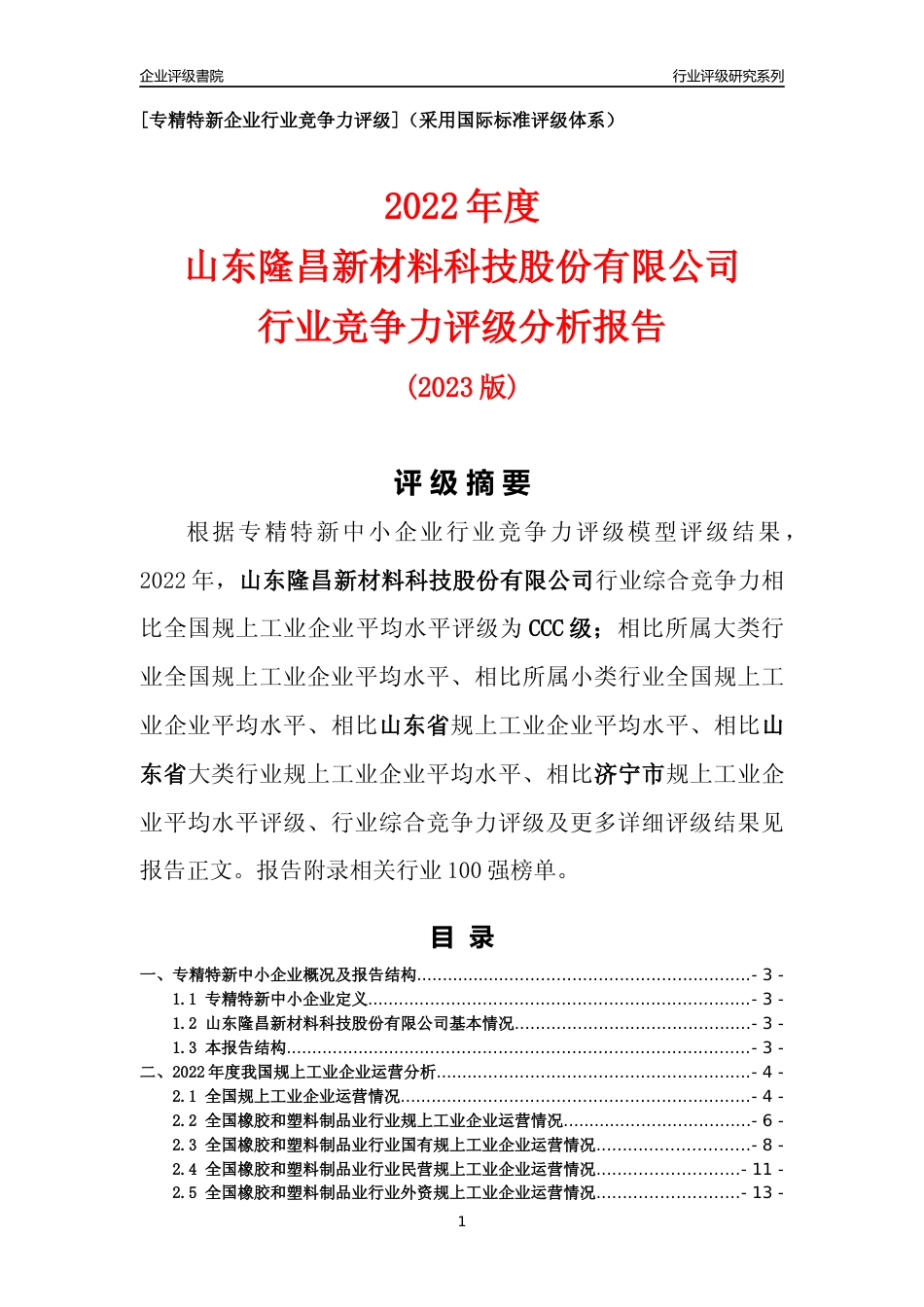 [专精特新]山东隆昌新材料科技股份有限公司行业竞争力评级分析报告(2023版)_第1页