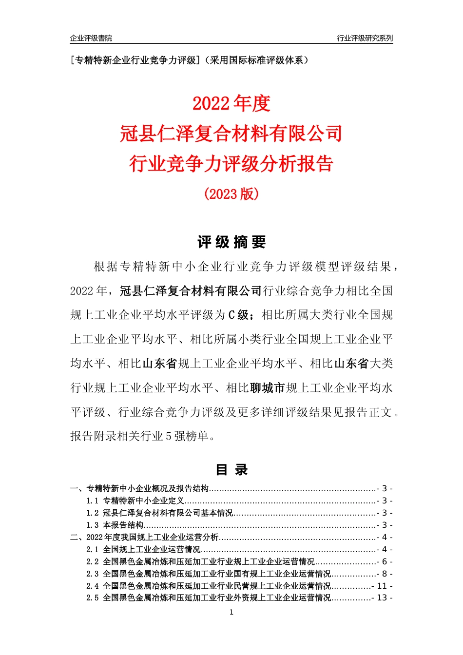 [专精特新]冠县仁泽复合材料有限公司行业竞争力评级分析报告(2023版)_第1页