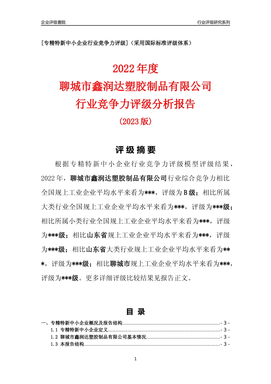 [专精特新]聊城市鑫润达塑胶制品有限公司行业竞争力评级分析报告(2023版)_第1页