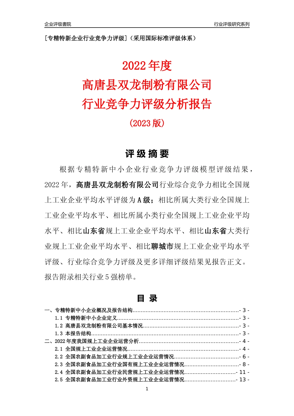[专精特新]高唐县双龙制粉有限公司行业竞争力评级分析报告(2023版)_第1页