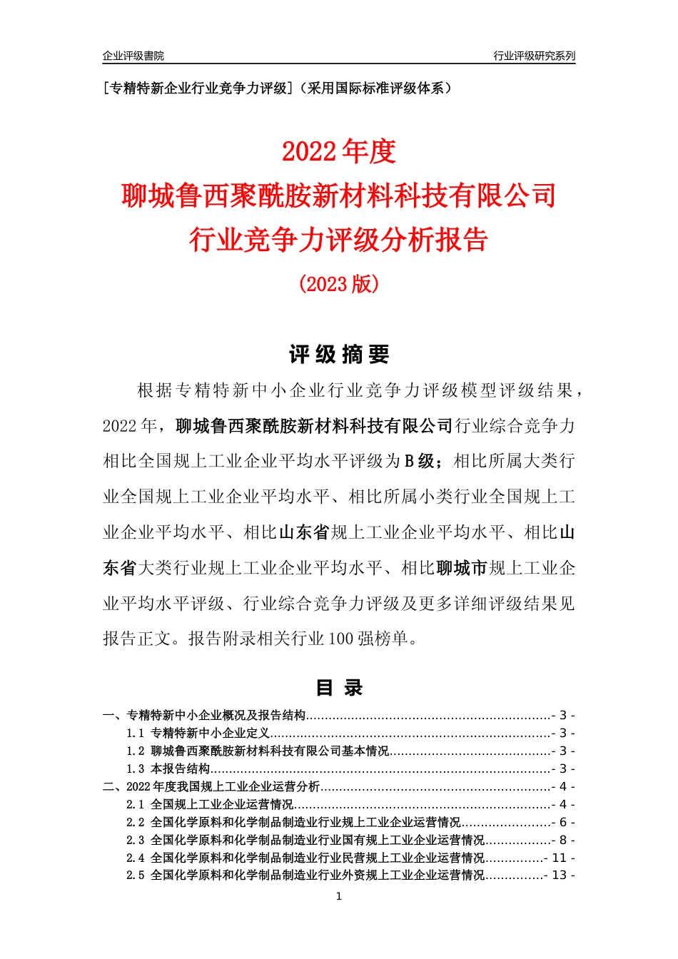 [专精特新]聊城鲁西聚酰胺新材料科技有限公司行业竞争力评级分析报告(2023版)_第1页